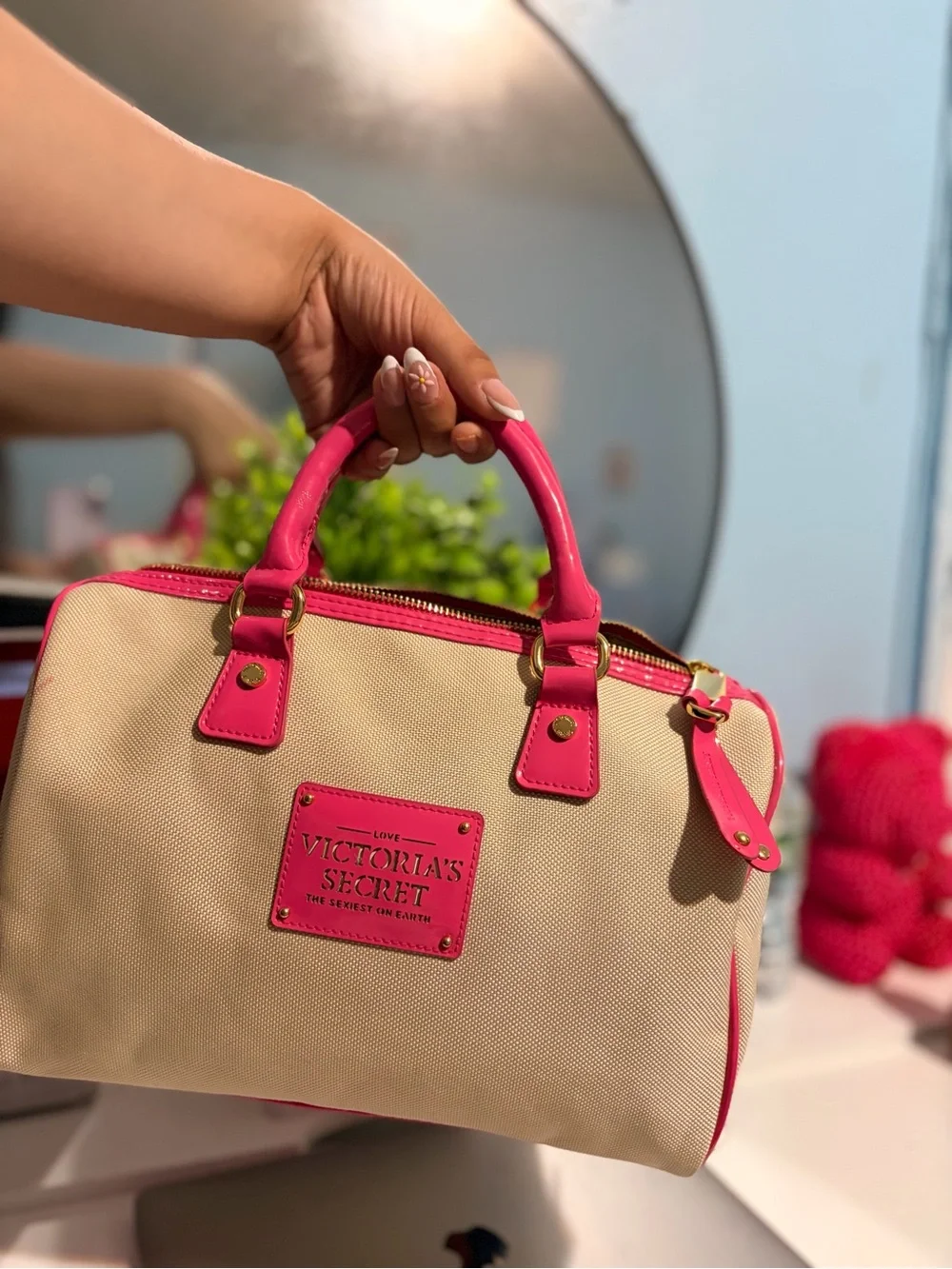 Y2K vintage Victoria's Secret Beige Satchel with Hot Pink Trim